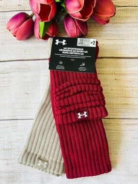 Under Armour Unisex Maroon Tan Mid Calf Cushion Scrunch Logo Crew Socks 2pk NWT